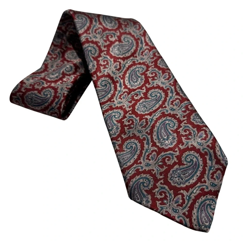 Robert Alan Mens Paisley Necktie Burgundy Red Blue Silver USA Made Polyester